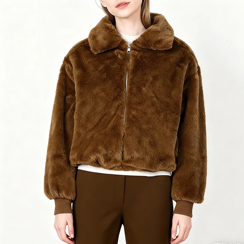 Winter New Arrival Women's Loose Faux Fur Coats Faionable Outerwear Zipper Turn Down Collar Long Sleeve Brown Fluffy Jackets