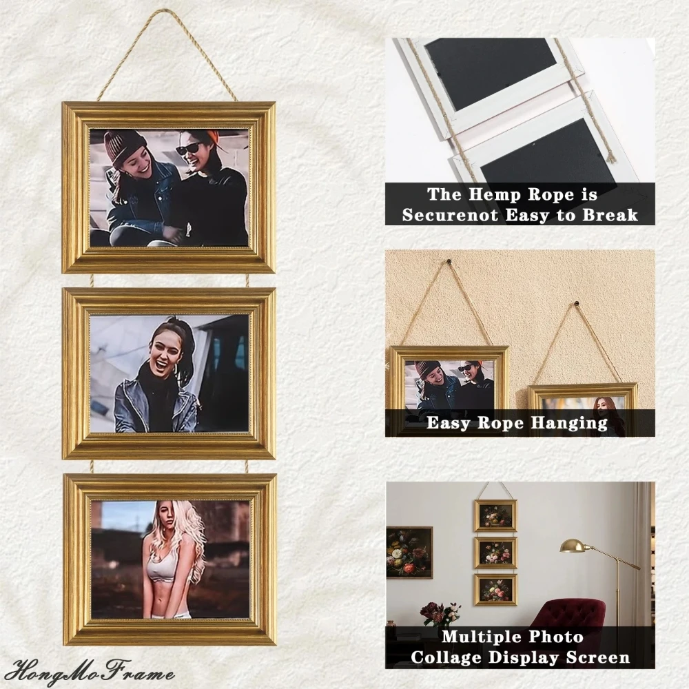 Antique Gold Hanging Picture Frame Collage 3-Tier Vertical Multi Photo Frames with Rope Victorian Style Home Wall Decor 5x7 inch