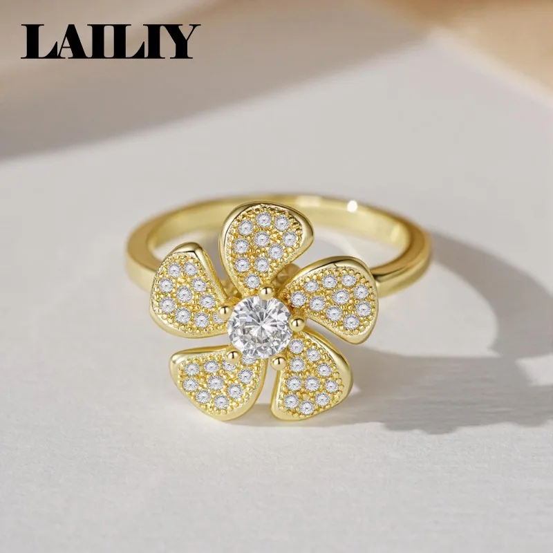 LAILIY 925 Sterling Silver 18KGold New Gift Ring with Micro set Zircon Rotating Flower Adjustable Ring for Women Fashion Jewelry