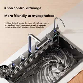 家用智慧不鏽鋼廚房水槽 數位顯示瀑布式洗碗盆 蜂巢式壓花大單槽 8 最佳銷售 廚房水槽瀑布 - №2