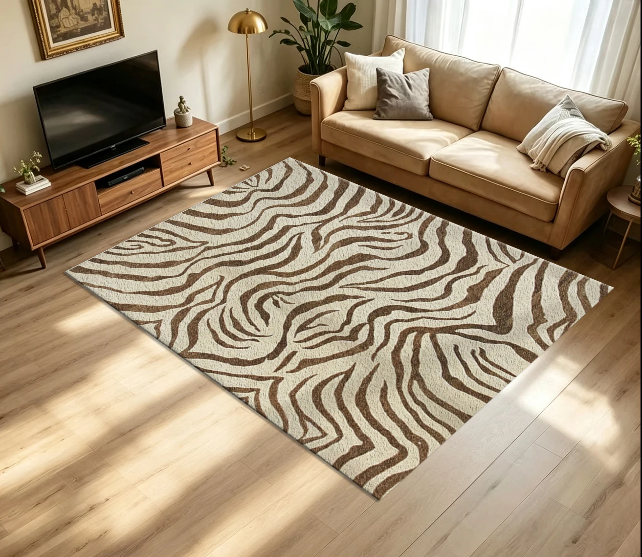 Beige Brown Zebra Print Animal Pattern Carpet, Non-Slip and Washable Floor Rug Suitable for Living Room, Bedroom, Safari, Modern Home Decor