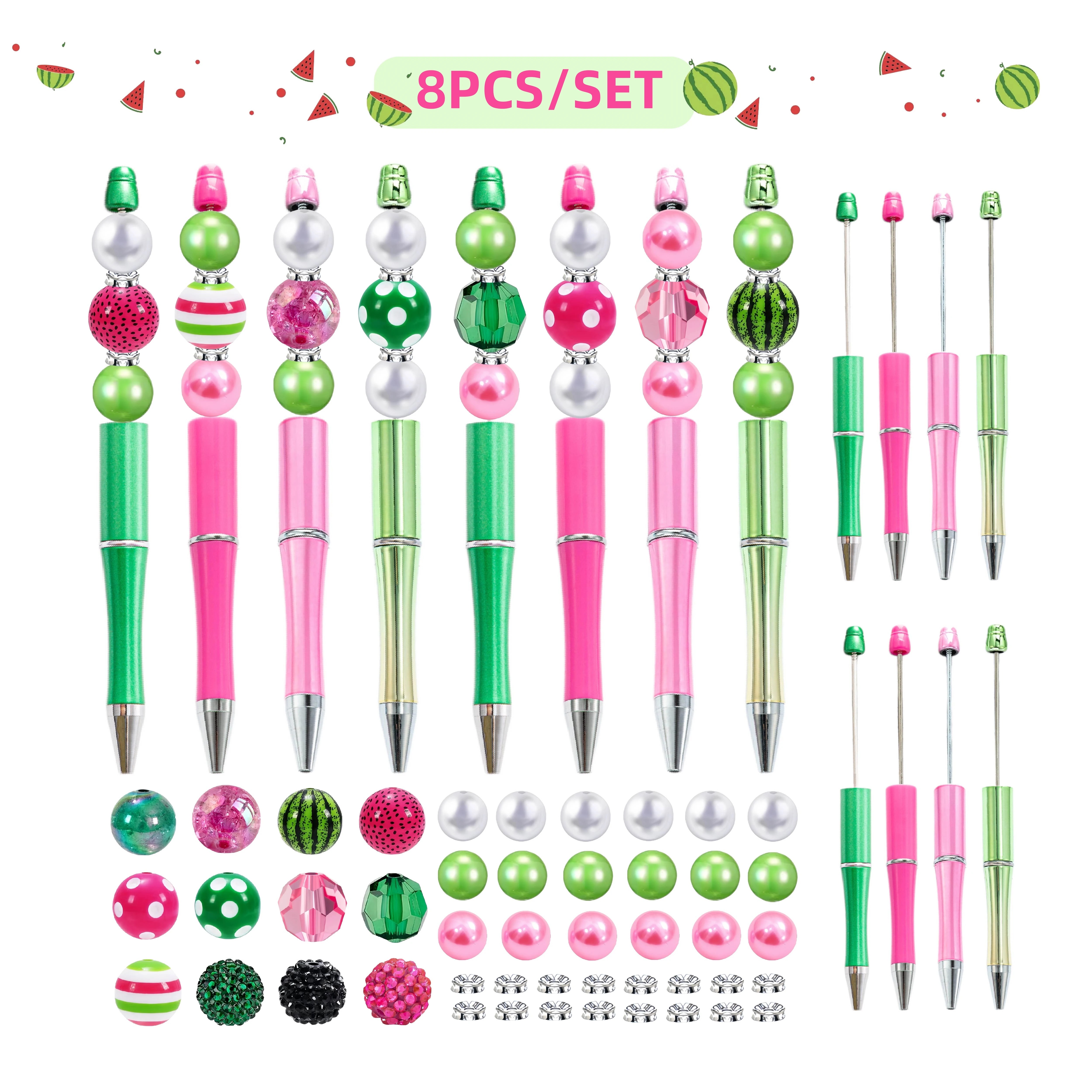 

8PCS Spring/Summer Watermelon Fruit Sweet Summer Theme DIY Beaded Ball Pen，paired with watermelon shaped Acrylic Glitter Beads