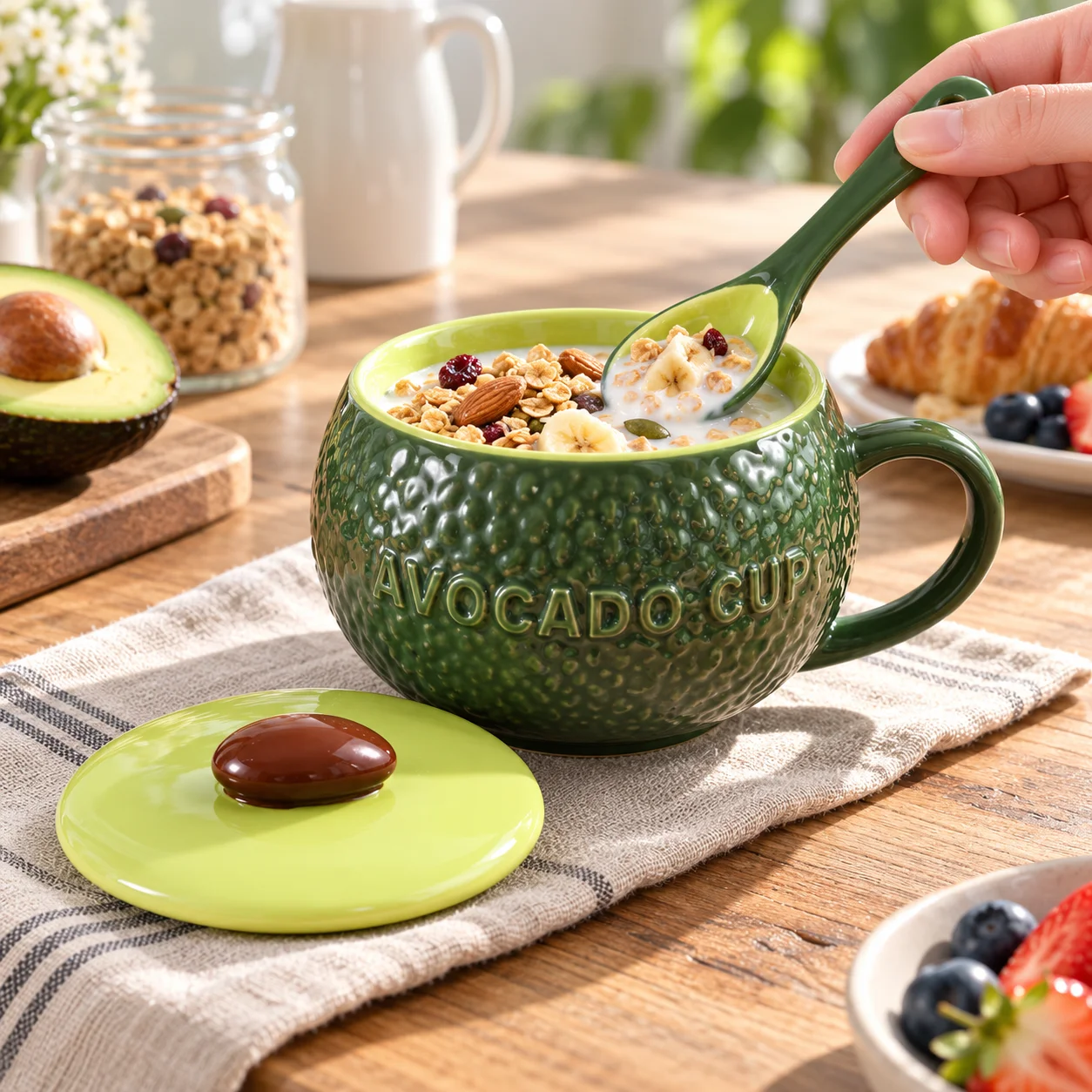 Avocado Ceramic Mug with Lid and Spoon 300ml Cute Green Coffee Cup for Yogurt Oatmeal Breakfast Gift