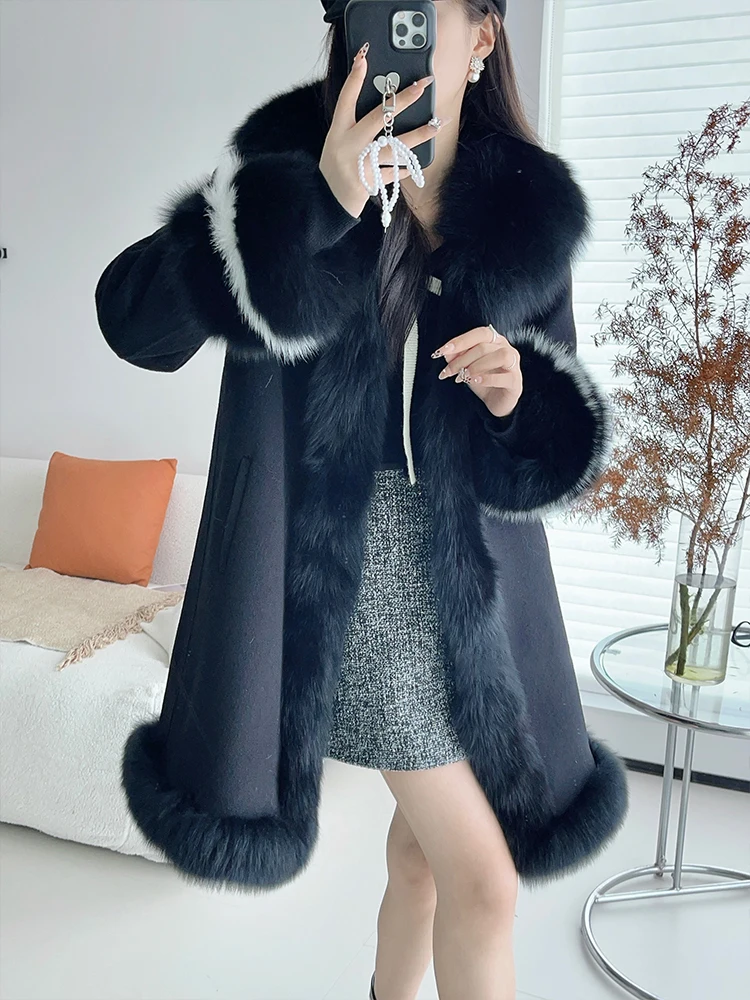 Women Winter Warm Cashmere Wool Jackets Long Goose Down Lining Jacket Real Fox Fur Collar Cuffs Coat Thick Female Outwear