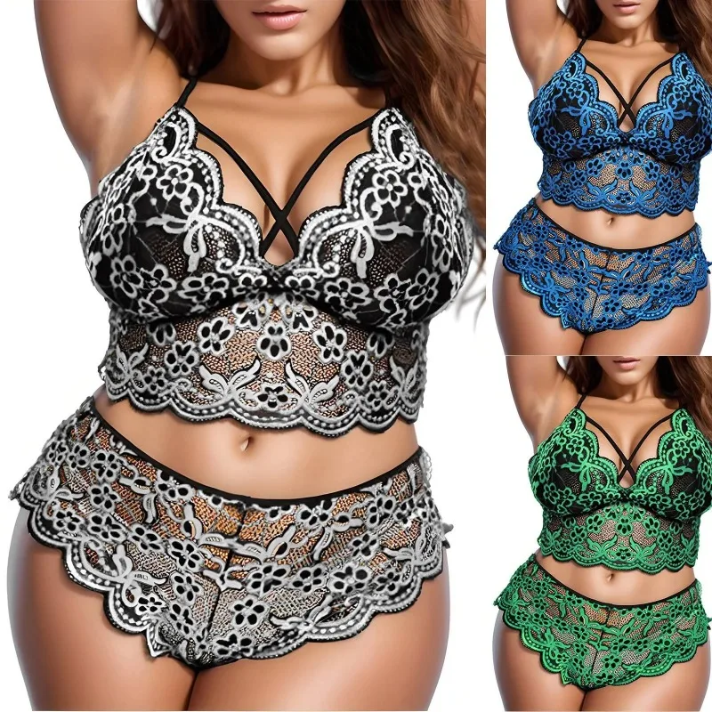 Plus Size Bra Sexy Lingerie Women Lace Embroidery Bra & Brief Sets Underwear Sleepwear Pajamas Exotic Set Sexy Costume  Erotic