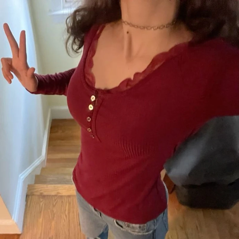 Cottage renda guarnição botão acima camiseta feminina manga longa pullovers camisetas outono casual lounge colheita topos preppy y2k roupas estéticas