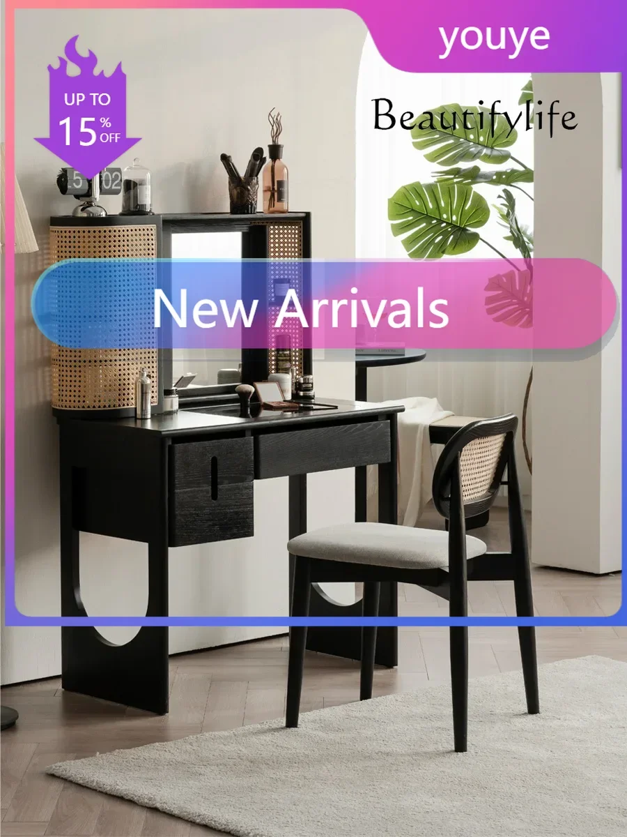 

N19 Retro Rattan Dressing Table Bedroom Storage Small Apartment Makeup Table Light Luxury Solid Wood Dressing Table