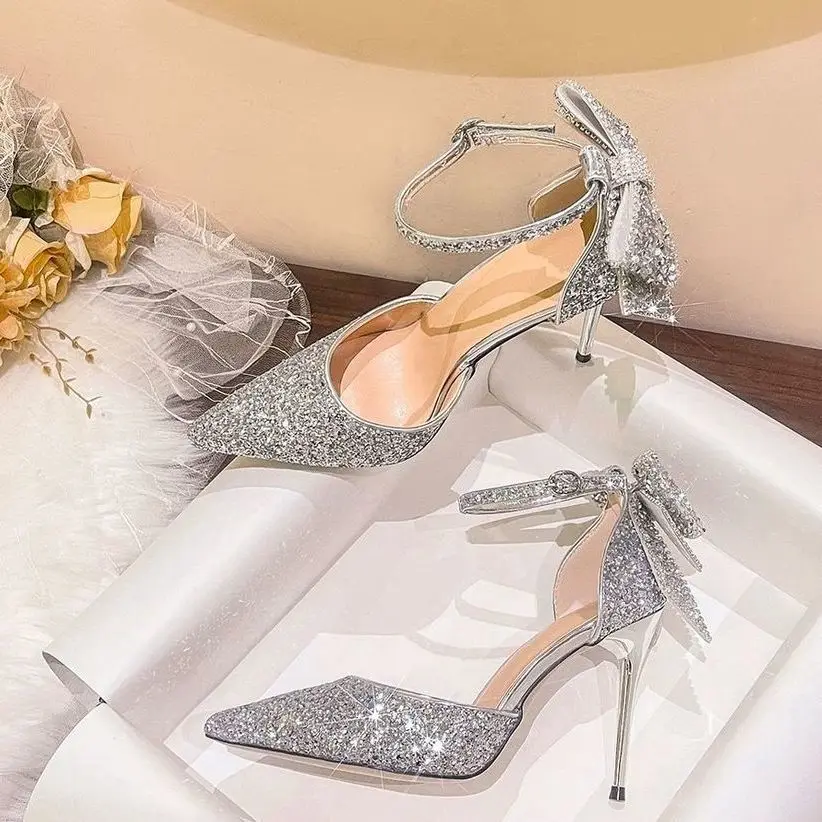 Woman Pumps Thin Heels Rhinestone Wedding Bride Shoe with Crystals High Shoes for Women Diamond on Heeled Bow Spring Vacation A