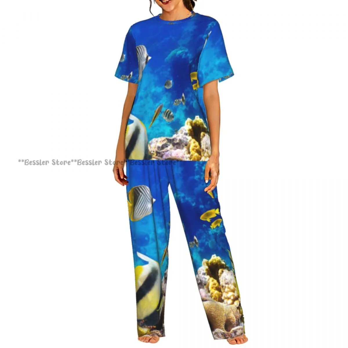 

Women's Tropical Fish Coral Reef short sleeve trousers casual pajamas set