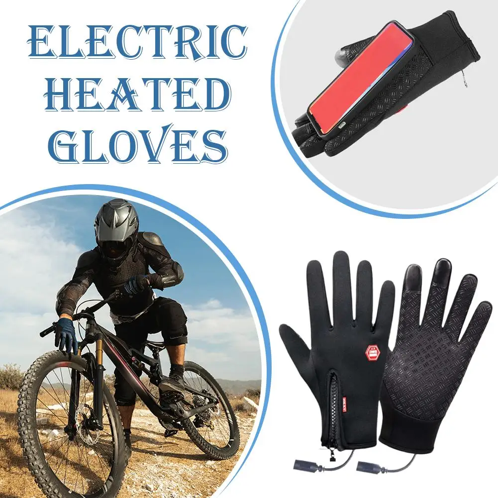 

USB Heated Windproof Warm Gloves For Winter Anti Slip Silicon Touch Screen Full Finger Cold-proof Bicycle Cycling Touchscreen