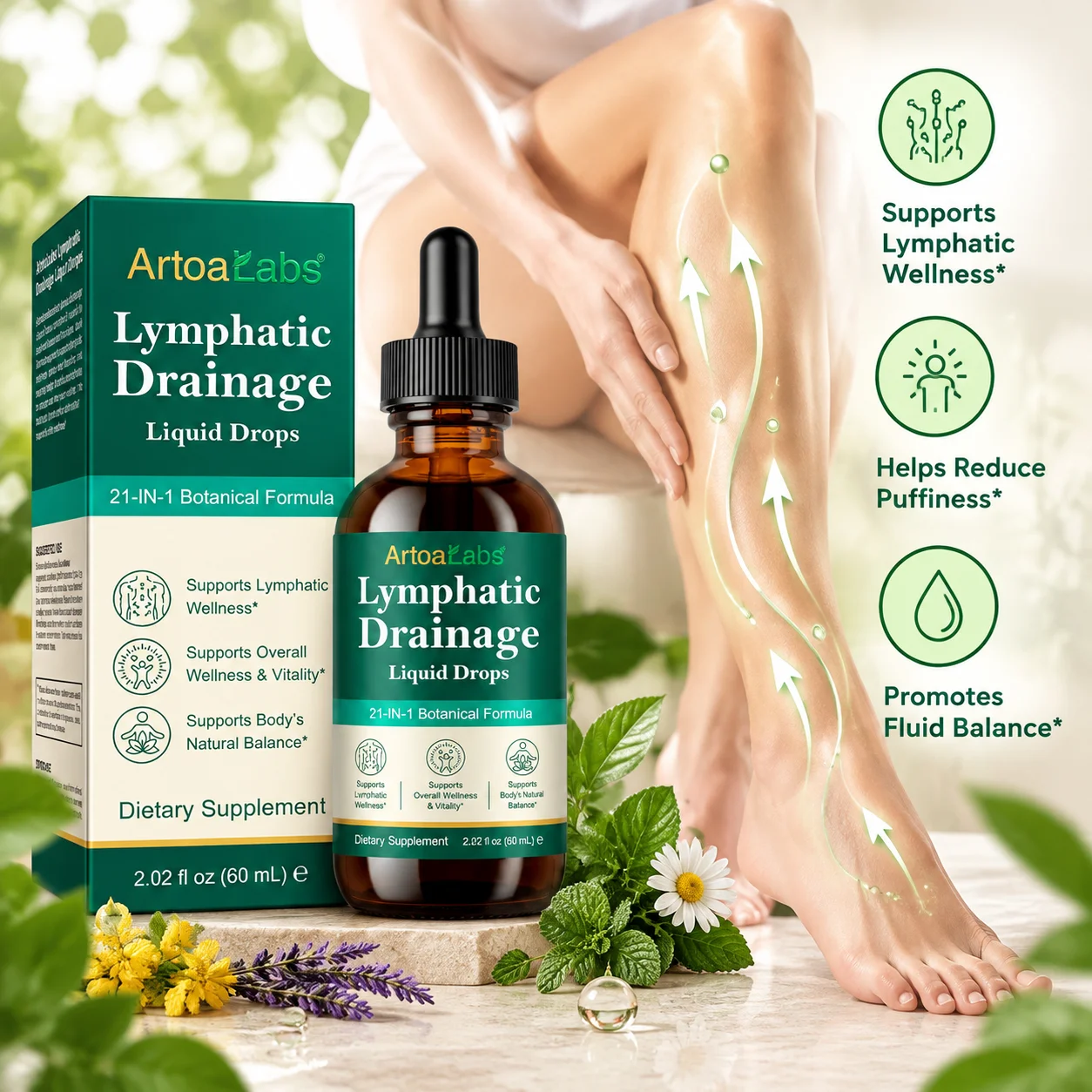 Lymphatic Drainage Drops for Puffiness, Lymph Flow & Fluid Balance, 21-in-1 Botanical Blend, Liquid Supplement, 30 Servings