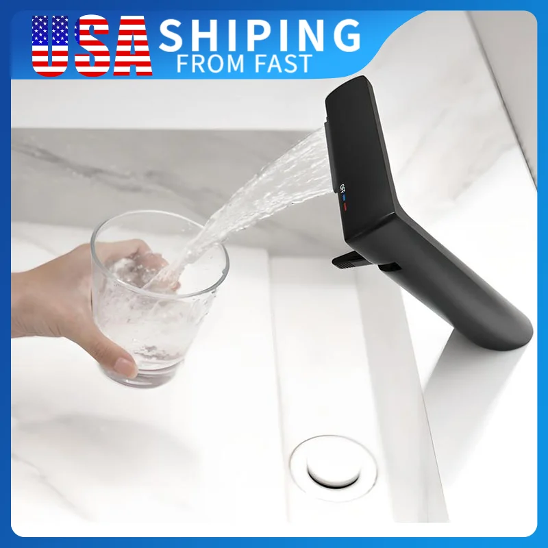 

Luxury Copper Bathroom Faucet With Matte black Design One Hole Single Handle hot and cold Brass water Mixer Tap Art Waterfall
