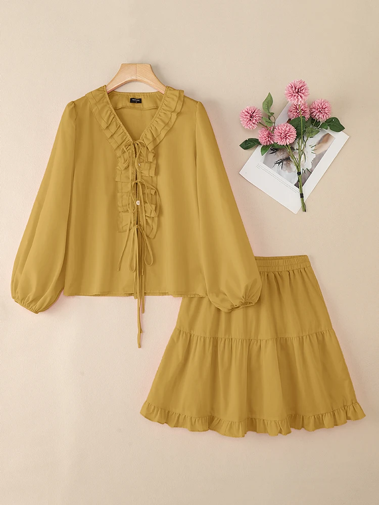 

Плюс размер 2 шт. VONDA 2025 Модные женские комплекты платьев Осенние рубашки с v-образным вырезом и длинными рукавами и мини-юбки Повседневная одежда с рюшами 5XL