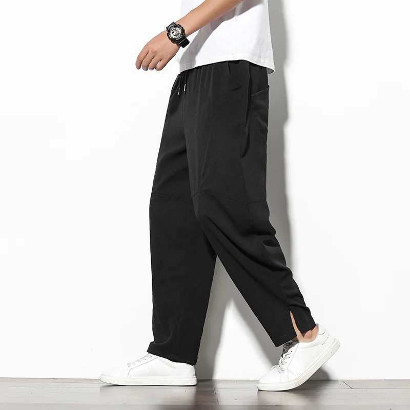 

Summer Linen Casual Pants Chinese Style Trend Large Size Loose Wide Leg Pants Bloomers Slits Small Feet Harem Pants