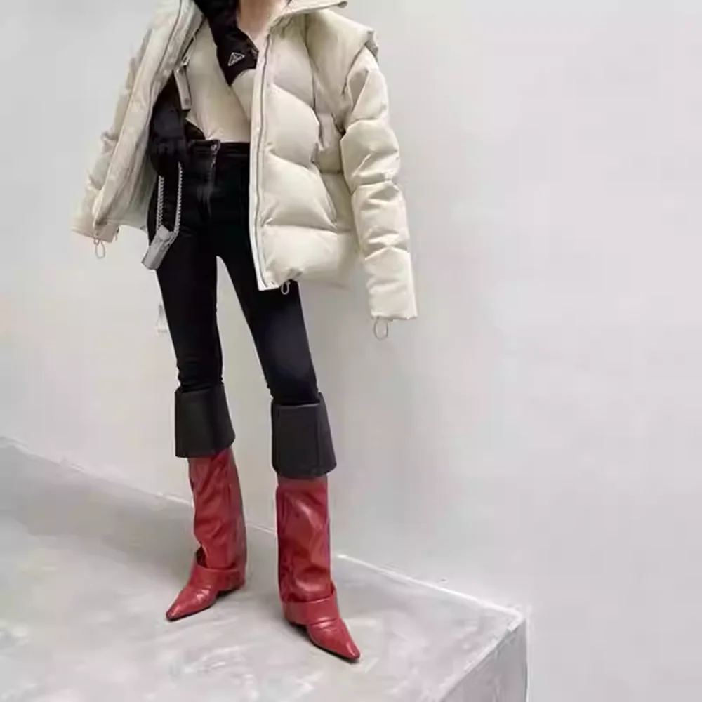 レディースファッション ポインテッドトゥ オーバーザニーブーツ レッドレザー ウェッジヒール サイドジッパー ハイヒール