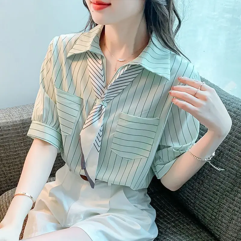 

Niche Unique 2026 New Arrival Women's Short Sleeve Scarf Stripe Polo Collar Shirt With Pocket Lightweight Summer Design Sense