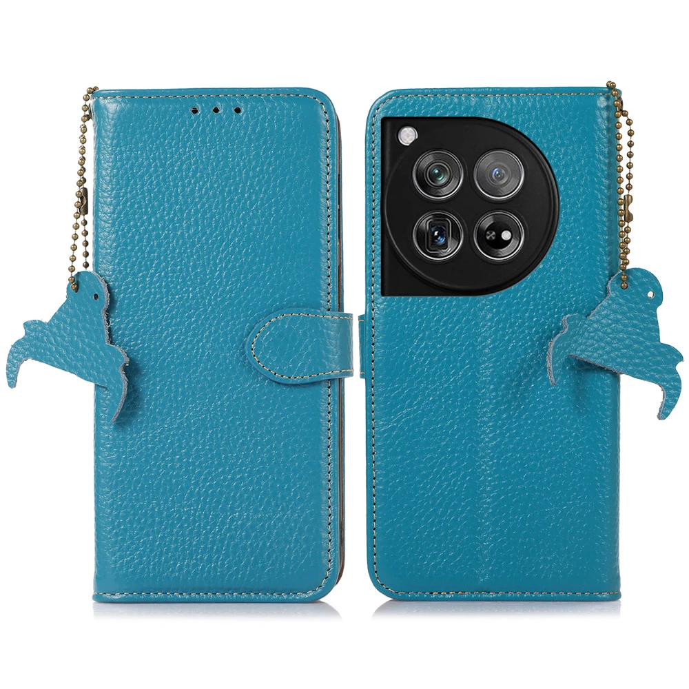 Luxury Litchi Pattern Genuine Leather Case for OnePlus 12 Shockproof RFID Blocking Magnetic Clasp Flip Cover Slim Wallet Case