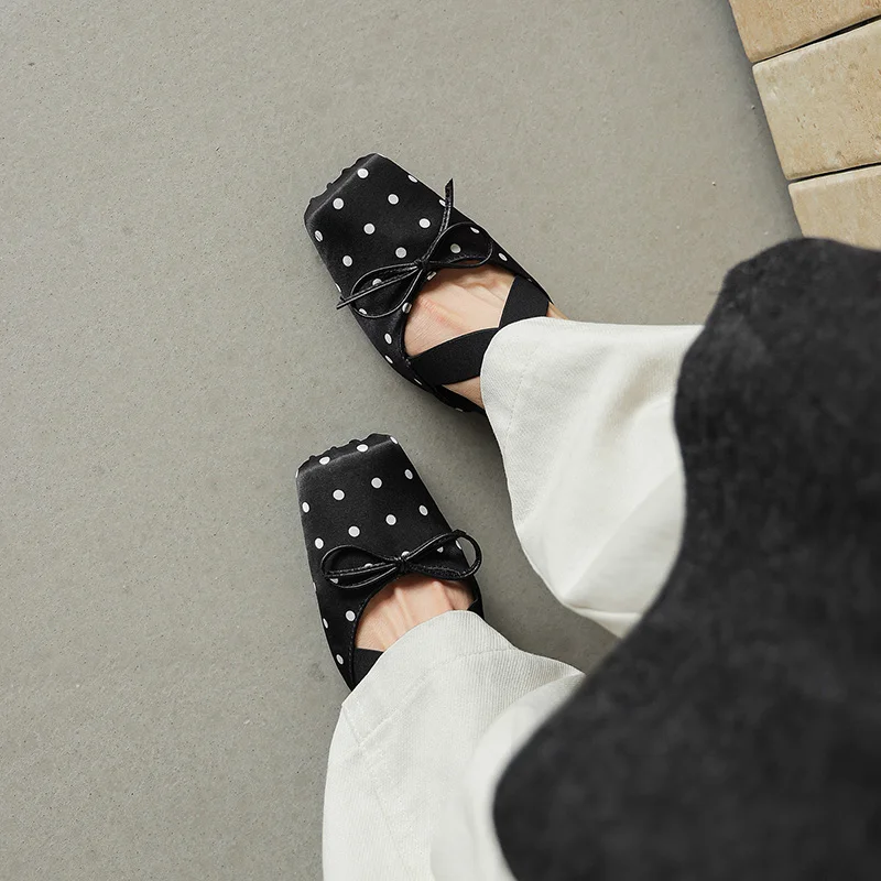 2026 new summer women sandals natural leather 22-25cm polka dot satin+sheepskin+pigskin square toe cross-strap women shoes view 5