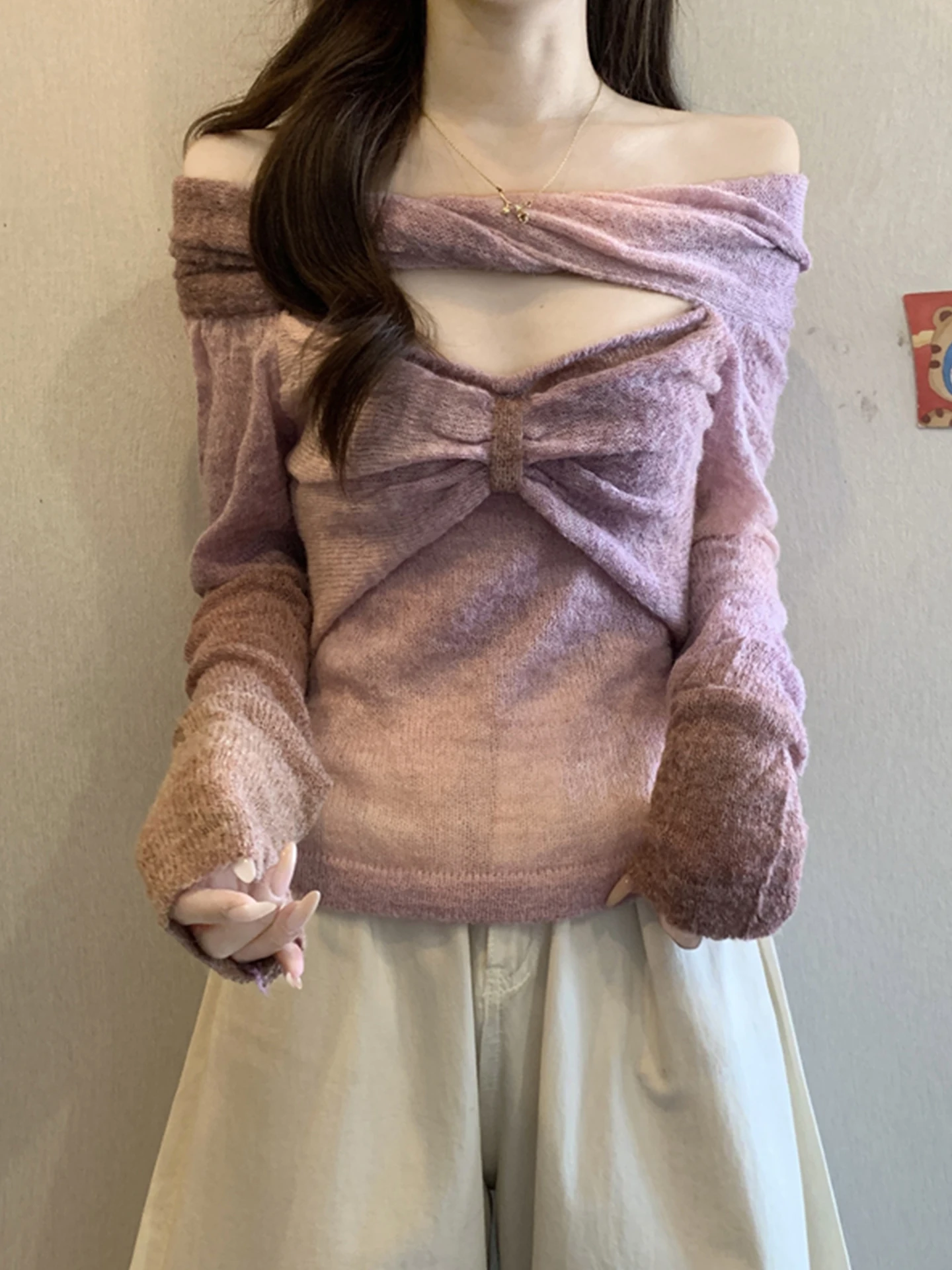 

Purple Knot Hollow Long Sve Lace irt Women's Autumn Winter Spicy Girl High-End Slim Fit Inner Wear Can Be Worn Outdoors ...