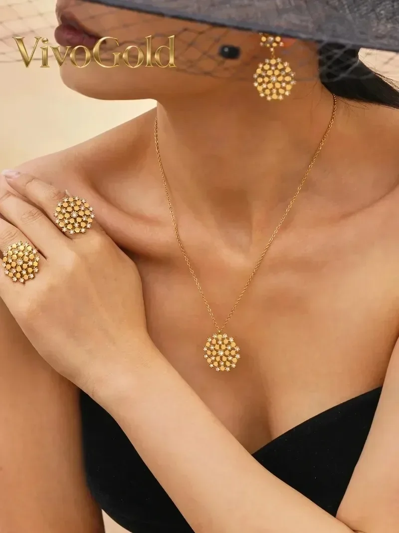 VivoGold VivoGoldSnowflake 9999 24K Real Gold Imported Czech Rhinestone Super Flashing Earrings Ring Necklace Set 18K Real Gold