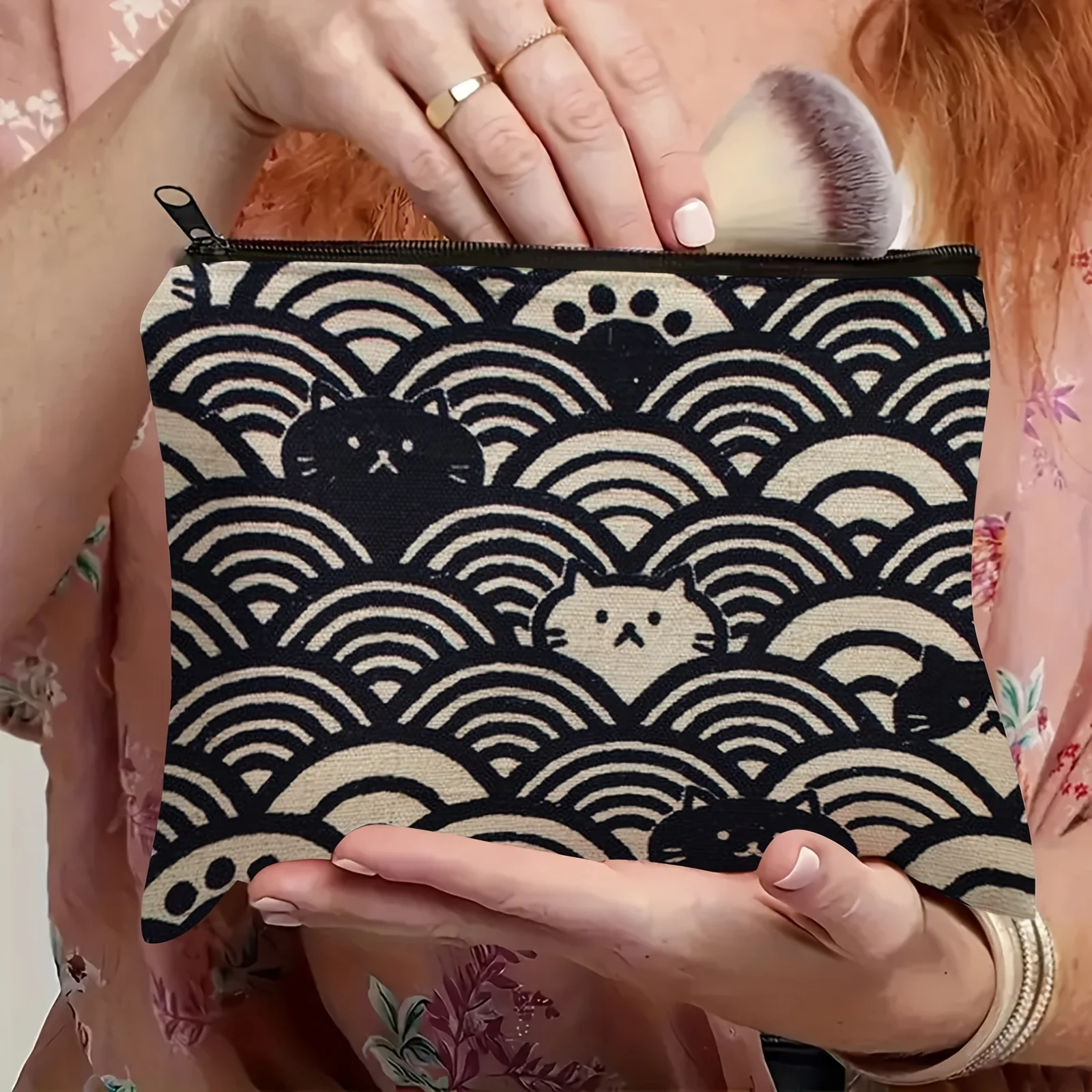 Vintage Japanese Seigaiha & Neko Zipper Makeup Bag - Ocean Waves & Cat Design Coin Purse, Pencil Case - Black & Beige