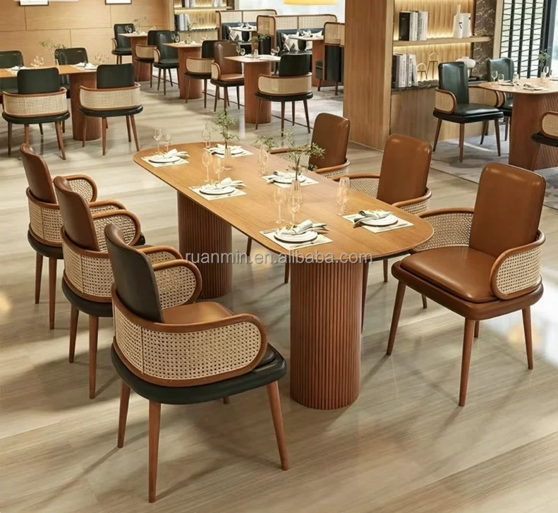 Modern Commercial Restaurant Furniture Set Restaurant Coffee Shop Rattan Solid Leather Wood Restaurant Sofa Booth