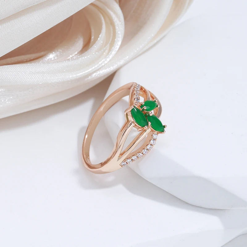 SYOUJYO Green Leaf Natural zircone anelli alla moda per le donne 585 Rose Gold Color Fine Jewelry Vintage Party diserbo anelli di lusso