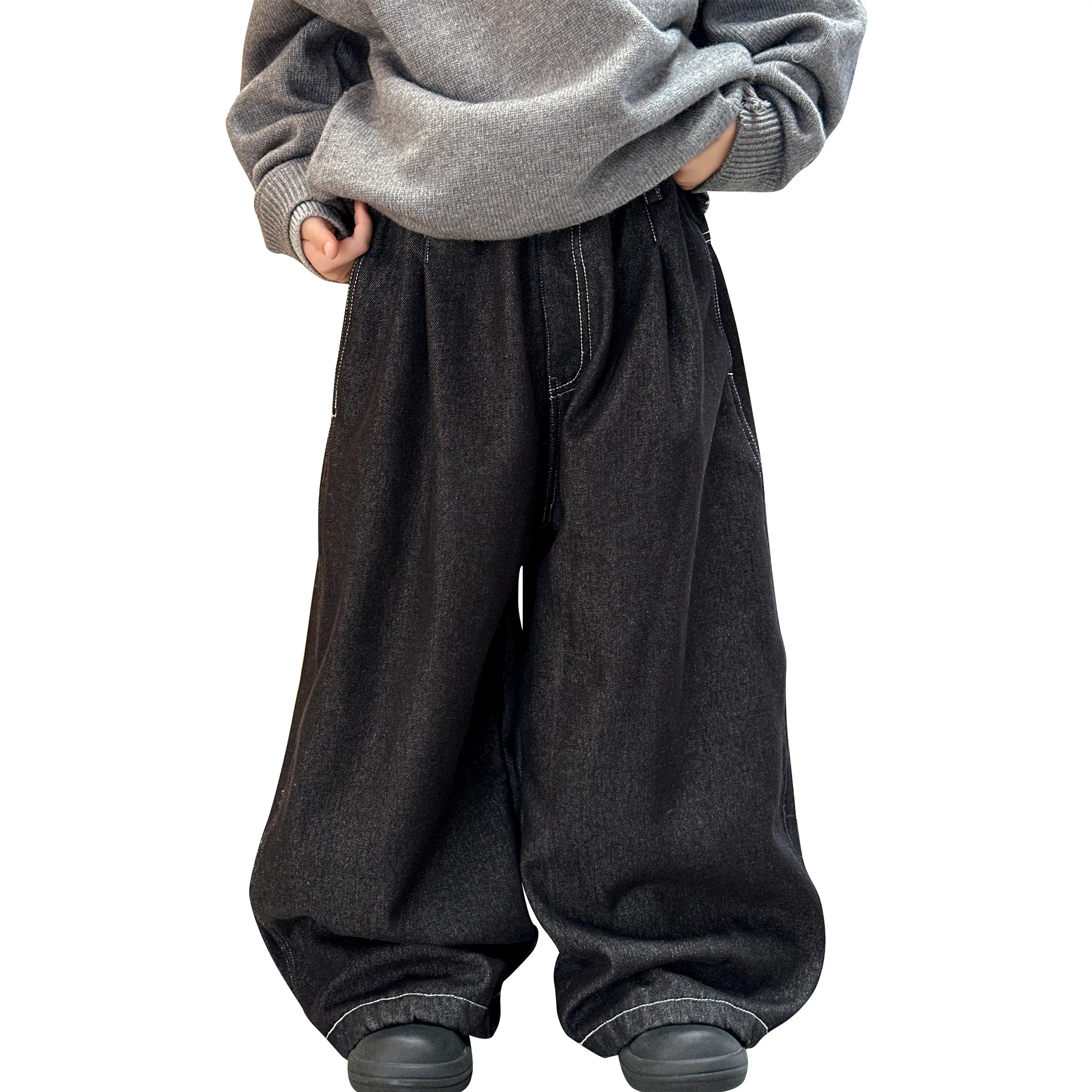 boys'-winter-fleece-jeans-2026-winter-new-children's-solid-color-loose-trousers-medium-children's-slacks-children's-clothing