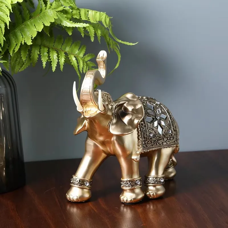 

Golden Resin Elephant Statue Feng Shui Elegant Elephant Trunk Sculpture Lucky Wealth Figurine Crafts Ornaments For Home Decor