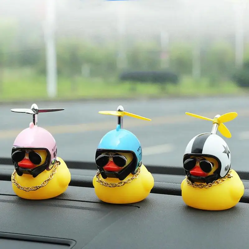 Car Cute Rubber Little Yellow Duck With Helmet Propeller Wind-breaking Duck Auto Internal Decor Home Desktop Ornaments