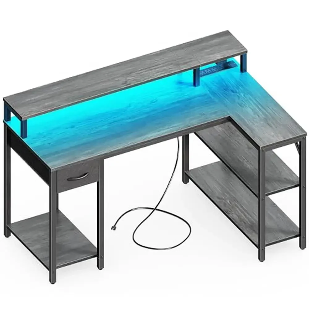 

47" L Shaped Gaming Computer Desk with LED Lights & Power Outlets Shelves Monitor Stand Reversible Design Grey Textured Wood USB