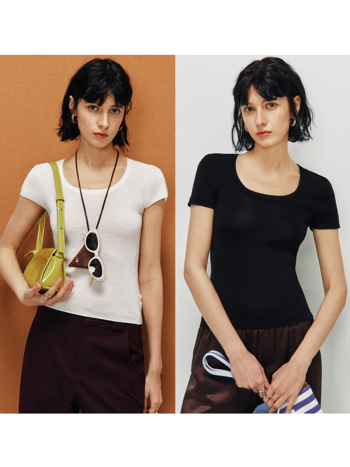 

Бесшовный цельный трикотажный топ из 100% шерсти с коротким рукавом, облегающий, женский, простой, универсальный, с глубоким U-образным вырезом, для городских прогулок