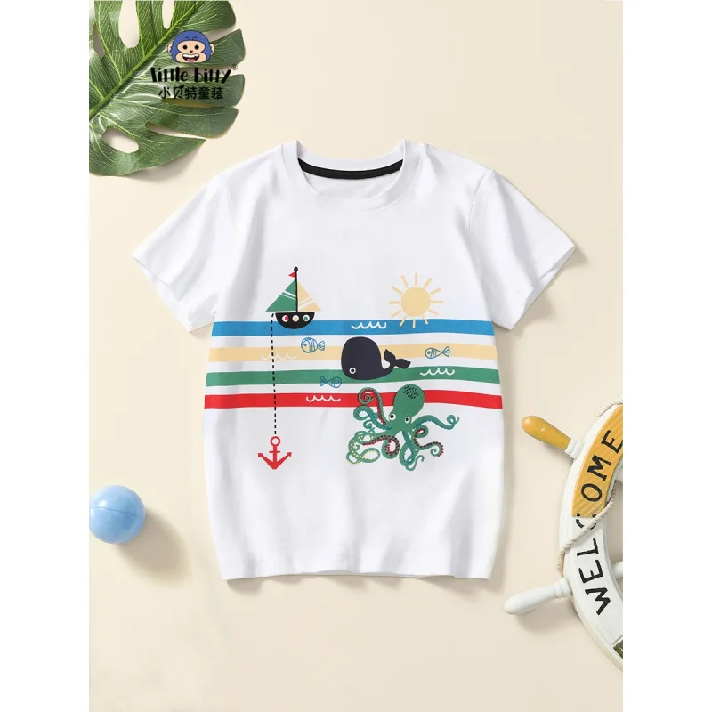 Senior Children's Clothing Summer2024Summer Trendy Cool Boys Short Sleeve Children WhiteTSummer Men's Shirt One Piece Dropshippi