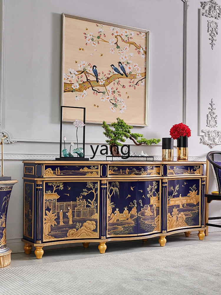 Chinese Style Royal Blue Villa Home Solid Wood Curio Cabinet Living Room Classical Storage Hallway Dining Side Locker