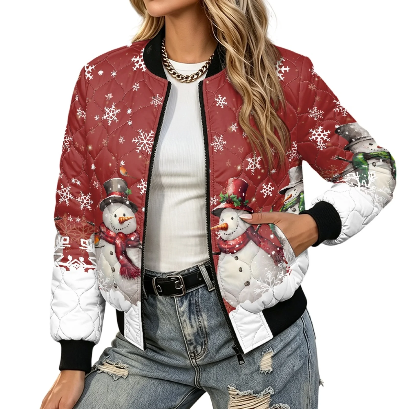 PENSTROLL Snowmen Ladies Quilted Padded Short Bomber Jacket with Pockets Water-Resistant Winter Coats for Travel
