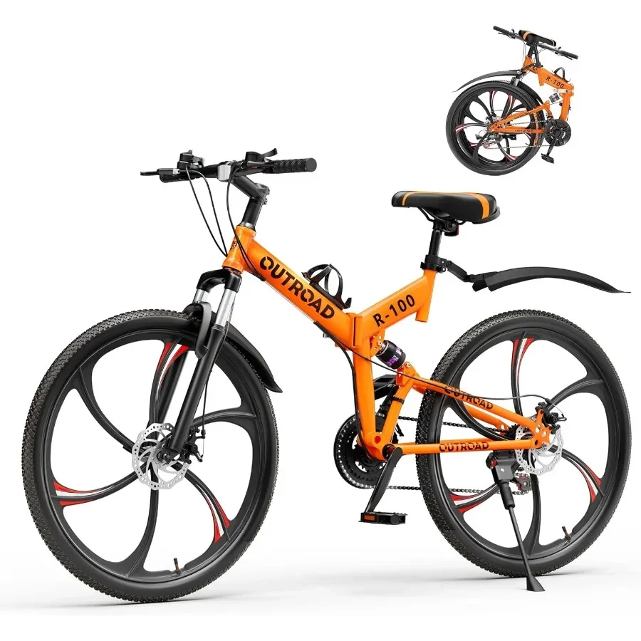

26 Inch Folding Mountain Bike with 21 Speeds and Full Suspension for Adults Featuring Dual Disc Brakes High Carbon Steel Frame