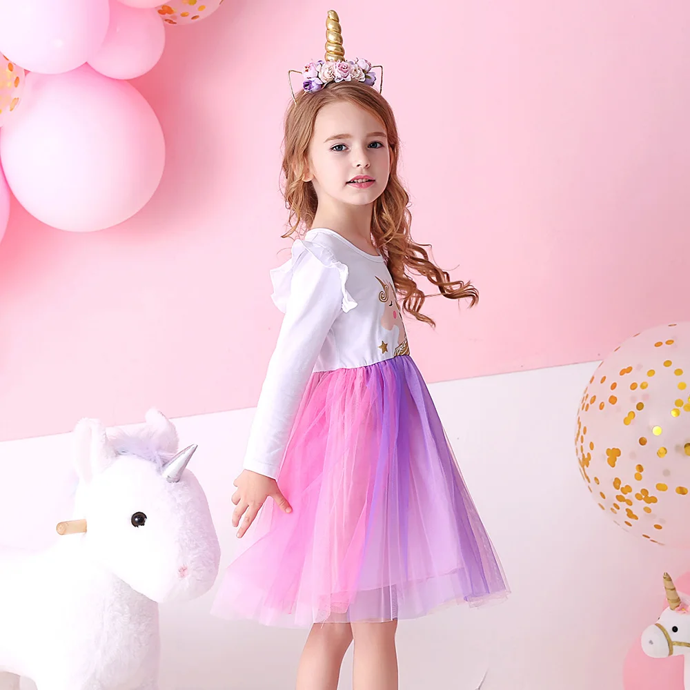 VIKITA Girl Unicorn Cartoon Print Dress Kids Flare Sleeve Autumn Spring Princess Dresses Girls Mesh Tulle Party Vestidos 3-8 Yrs