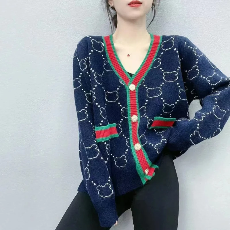 Vintage Knitting V Neck Cardigan Autumn Winter New Long Sleeve Button All-match Contrast Sweaters Casual Fashion Women Clothing