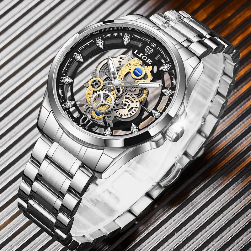 LIGE Mens Watches Skeleton Quartz Wristwatch Gold Skeleton Retro Man Watch Top Brand Luxury Clock Men Watch Relogio Masculino