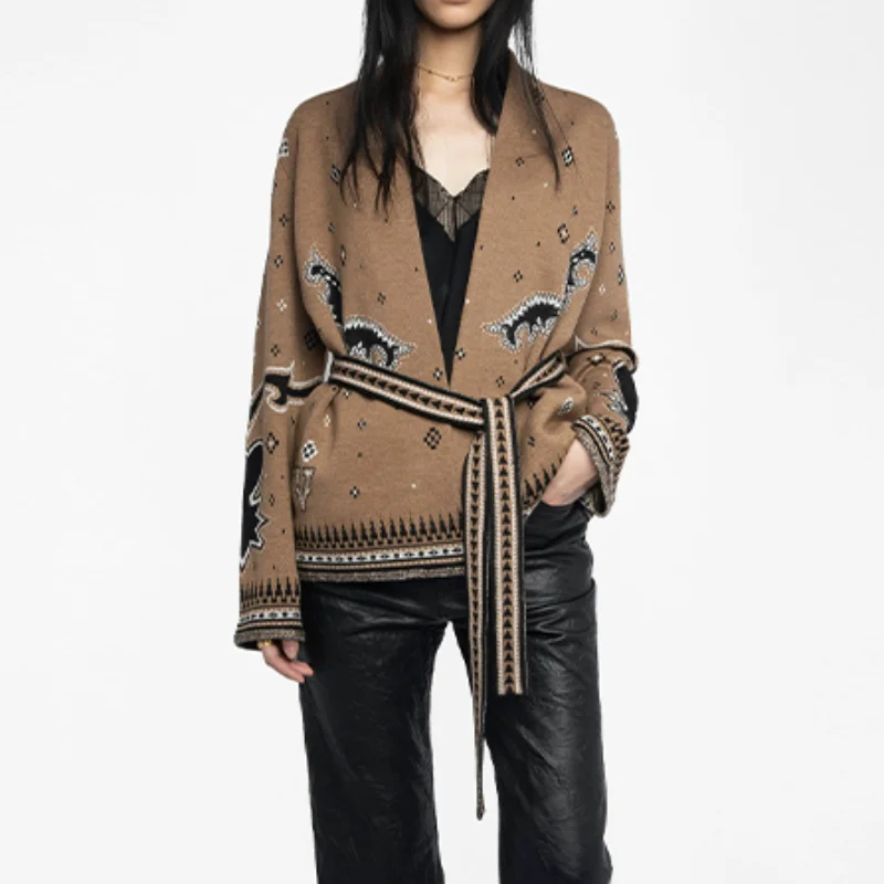 المألوف الرجعية المطبوعة سترة مشغولة من الصوف الدانتيل يصل العصرية مصمم الإناث أنيقة أعلى أنيق أنيق المرأة الخريف الشارع ارتداء #1