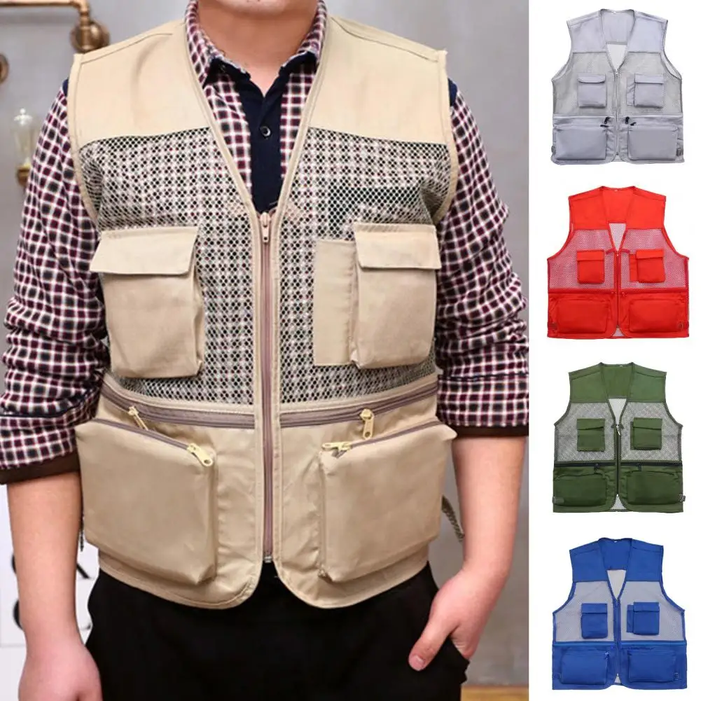 Men Waistcoat Breathable Sleeveless Multi Pockets Zipper Mesh Lightweight Director Fishing Camping Vest