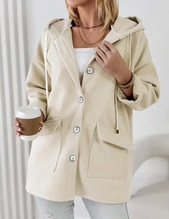 

Women's Minimalist Hooded Jacket with Large Pocket Drawstring Design for Commuting and Loose Casual Windbreaker Jacket