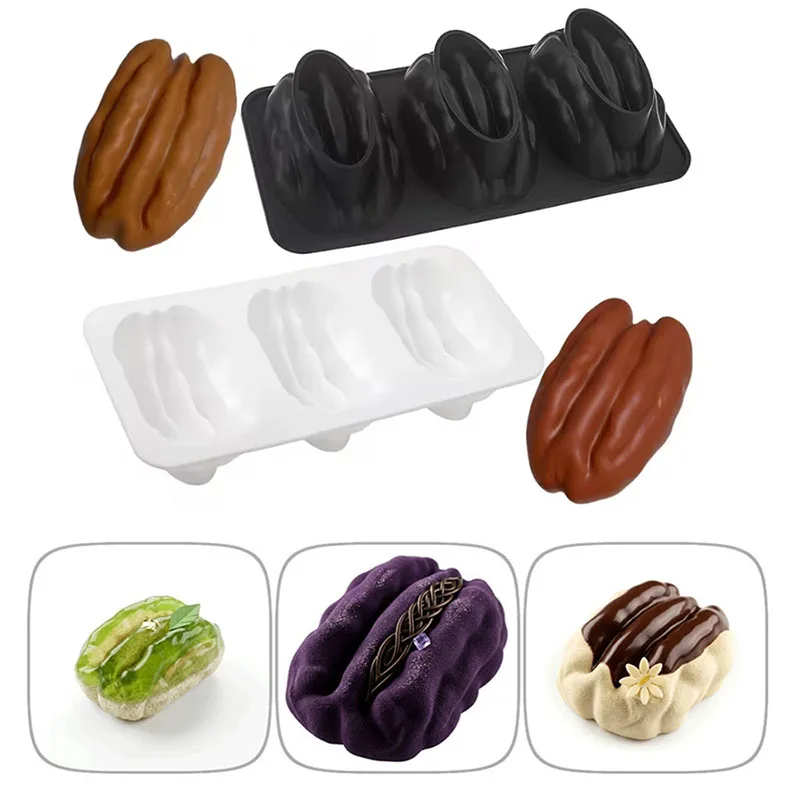3-Zellen-Pekannuss-Design Silikonform Walnuss-Simulation Trockenfrüchte-Form Mousse-Kuchen Schokolade Eiscreme Bonbons Fondant-Form