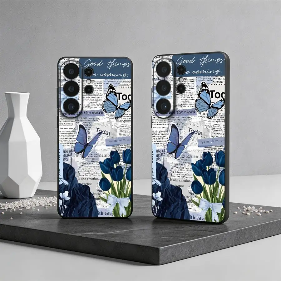 Case for Samsung Galaxy S26 Ultra S23 S25+ S26+ Note 20 8 9 10 S20 S25 Plus S21 FE S10 S9 S24+ S24 Phone Cover Blue Butterfly