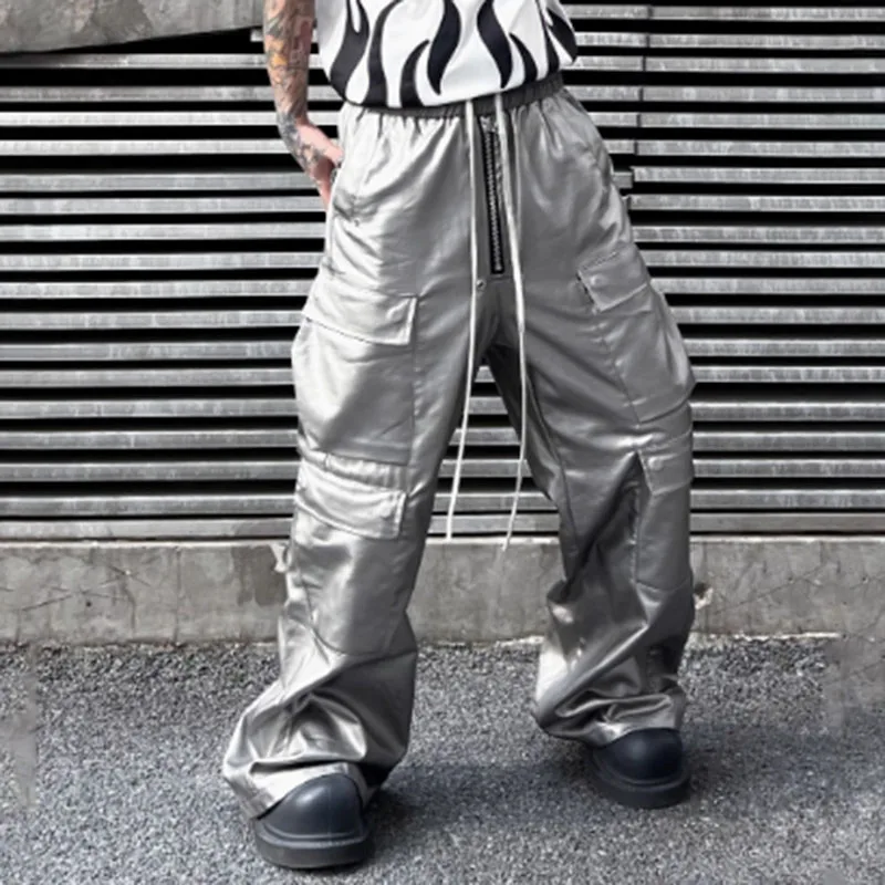 

MWJLPWQ Hiphop Y2K Darkly Silver Coating Jeans Men's High Street Autumn Multi Pocket Cargo Loose Straight Wide Leg Pants 020033