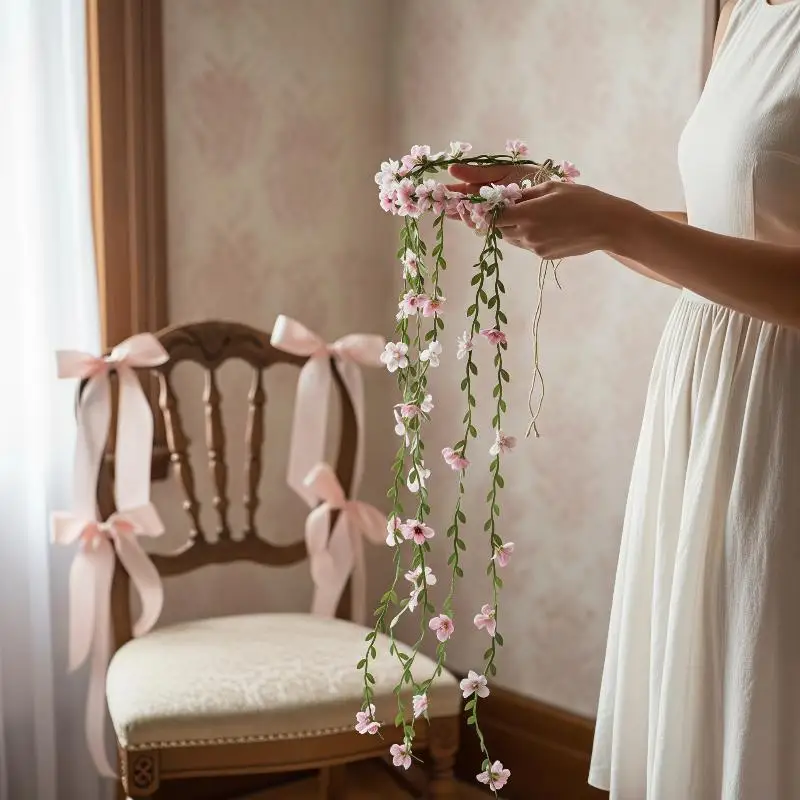 Böhmischer Blumenranken-Haarreif Künstlicher Blumenkranz Quasten-Haaraccessoire für Hochzeit, Brautparty, Fotoshooting – Detail 5