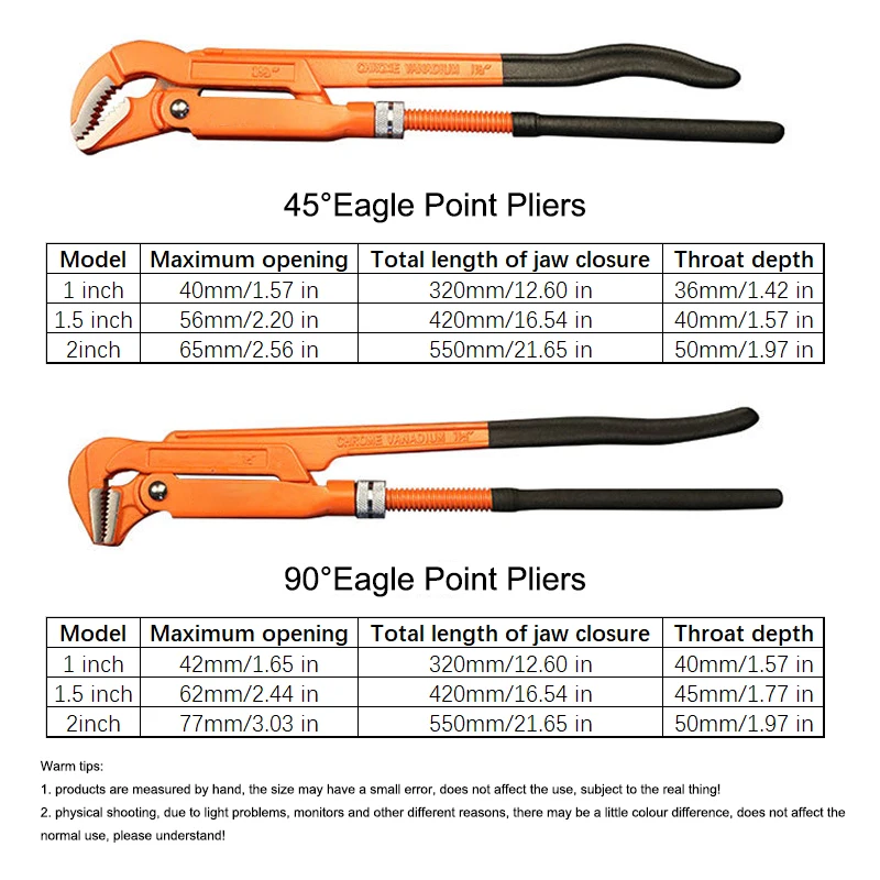 Eagle Point Pliers 1/1.5/2 Inch Quick Pipe Wrench 45°/90° Industrial Large Opening Throat Pliers Heavy Duty Plumbing Hand Tools