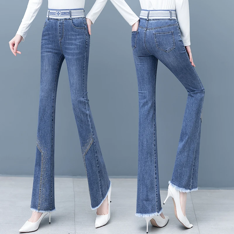 High Waist Bell Bottom Jeans Women's Autumn Spring Cotton Stretch Denim Frayed Hem Nine Points Small Size Micro Flare Pants