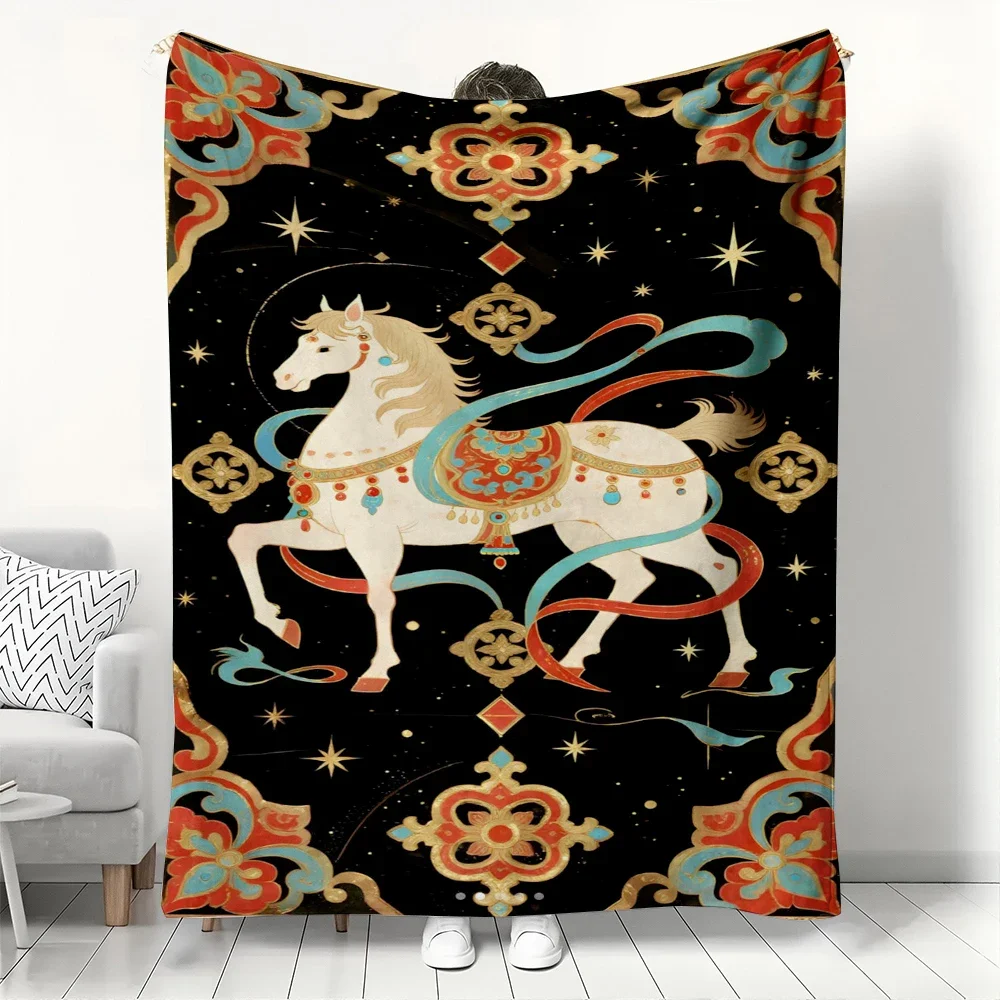Lucky Golden Vintage Chinese Style White Horse Flannel Blanket  Year of the Horse Festive Throw for Home Decor