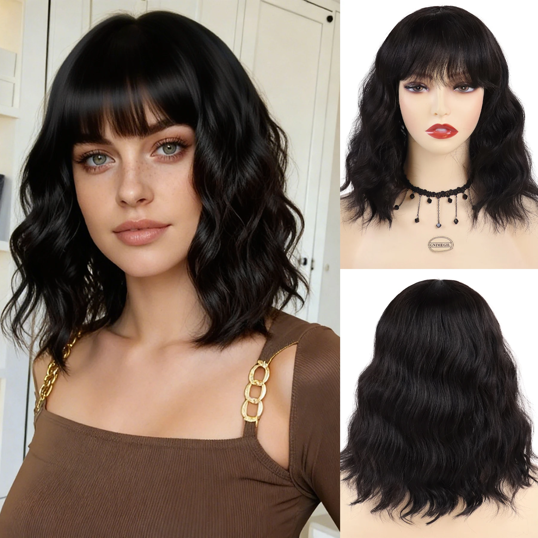 

Синтетические темно-коричневые парики длиной до плеч для женщин и девочек, волнистый вьющийся парик с челкой, термостойкий повседневный костюм для косплея, вечерние